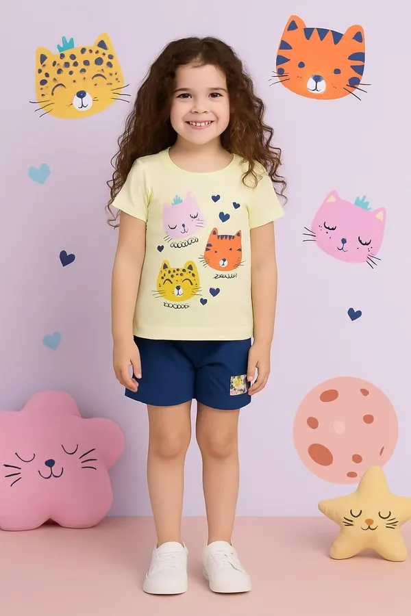 Yellow_Cotton_T-Shirt_Shorts_Set_For_Girls