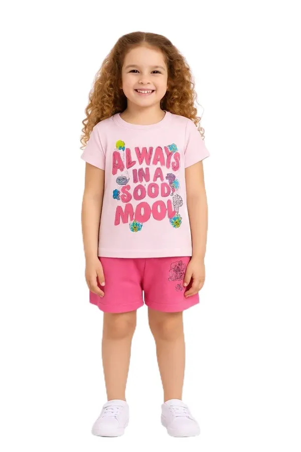 Pink_Cotton_T-Shirt_Shorts_Set_For_Girls