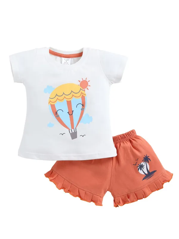 White_And_Orange_Cotton_T-Shirt_Shorts_Set_For_Girls