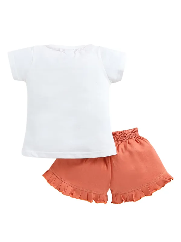 White_And_Orange_Cotton_T-Shirt_Shorts_Set_For_Girls