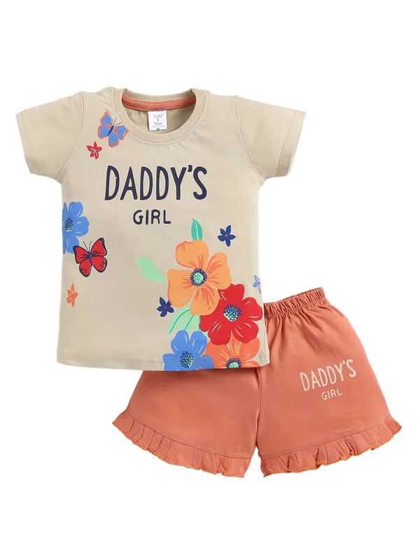 Beige_And_Orange_Cotton_T-Shirt_Shorts_Set_For_Girls