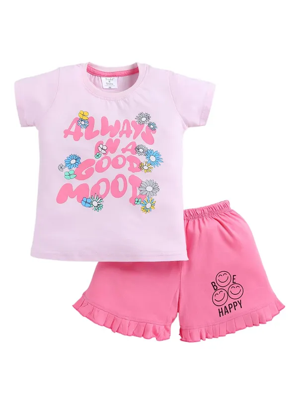 Pink_Cotton_T-Shirt_Shorts_Set_For_Girls