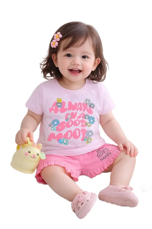 Pink_Cotton_T-Shirt_Shorts_Set_For_Girls