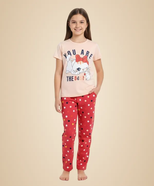 Peach_And_Red_Cotton_T-Shirt_Pajama_Night_Suit_Set_For_Girls