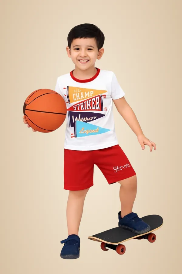 White_And_Red_Cotton_T-Shirt_Shorts_Set_For_Boys