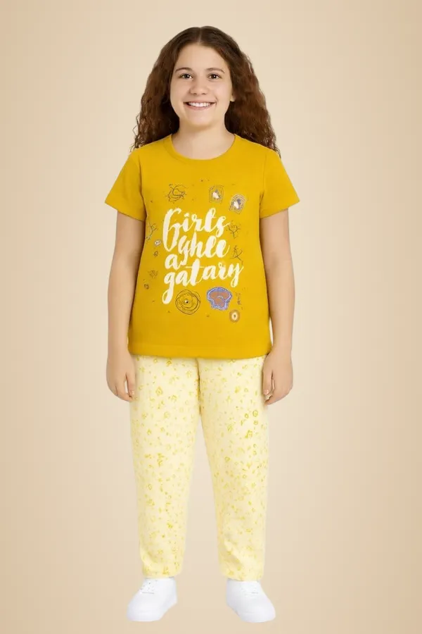 Mustard_Yellow_Cotton_T-Shirt_Pajama_Night_Suit_Set_For_Girls