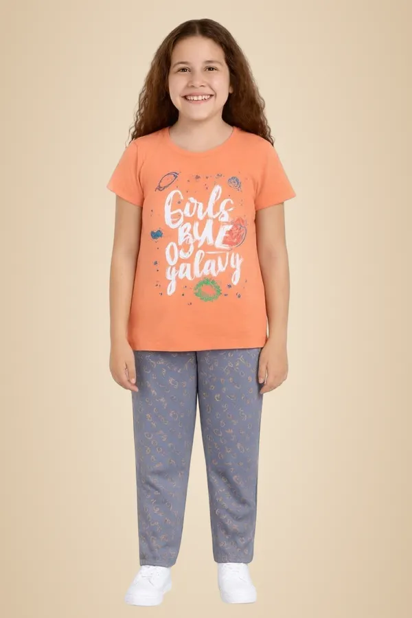 Peach_And_Grey_Cotton_T-Shirt_Pajama_Night_Suit_Set_For_Girls