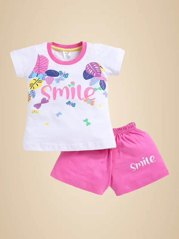 White_And_Pink_Cotton_T-Shirt_Shorts_Set_For_Girls