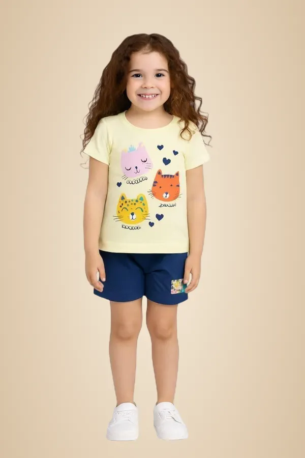 Yellow_Cotton_T-Shirt_Shorts_Set_For_Girls