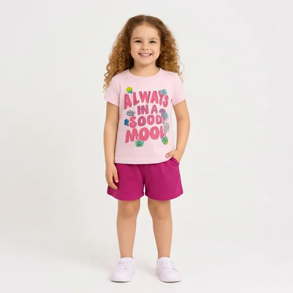 Pink_Cotton_T-Shirt_Shorts_Set_For_Girls
