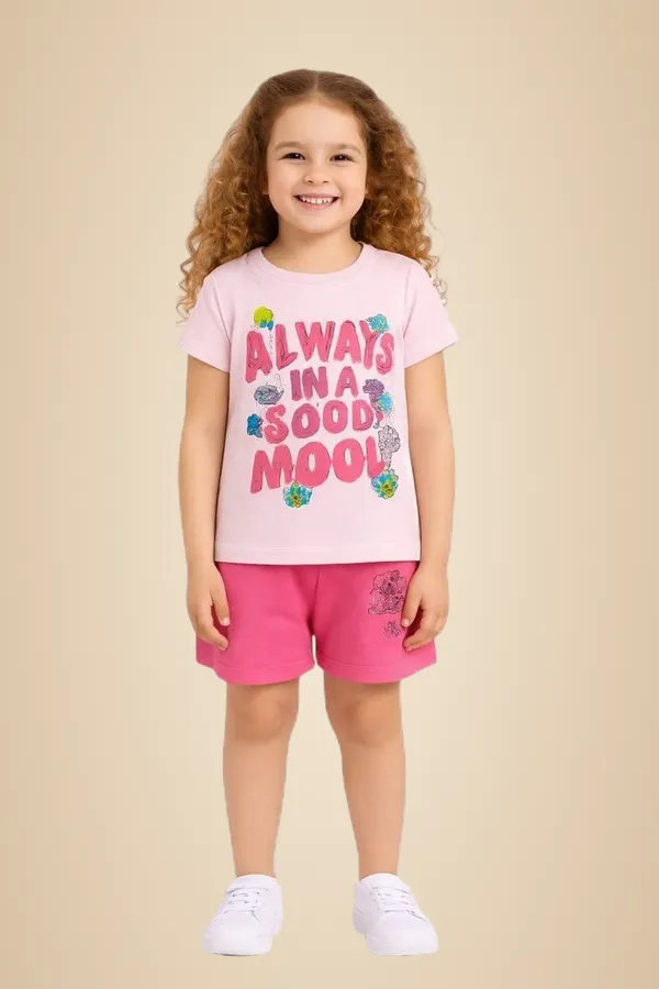 Pink_Cotton_T-Shirt_Shorts_Set_For_Girls