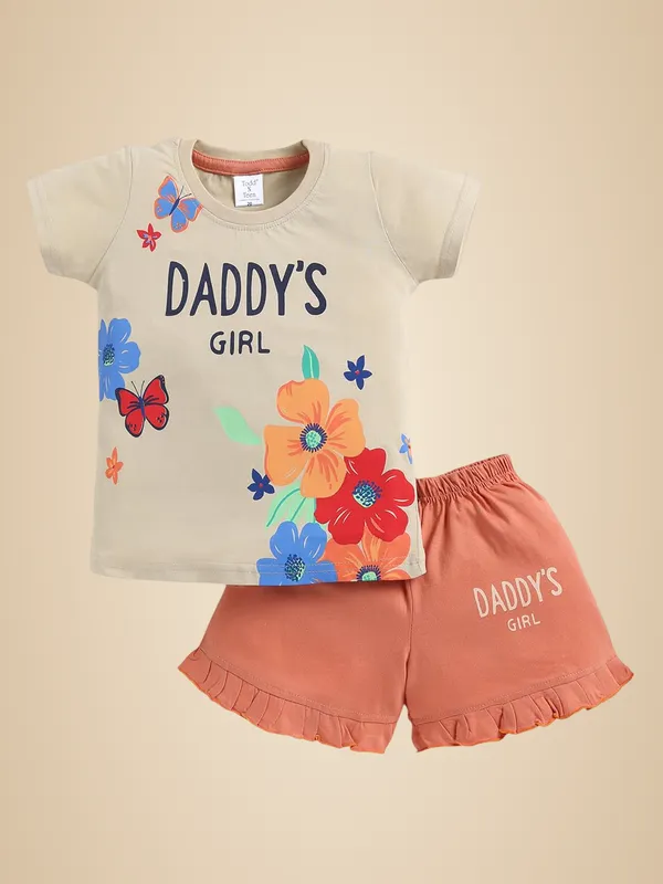 Beige_And_Orange_Cotton_T-Shirt_Shorts_Set_For_Girls