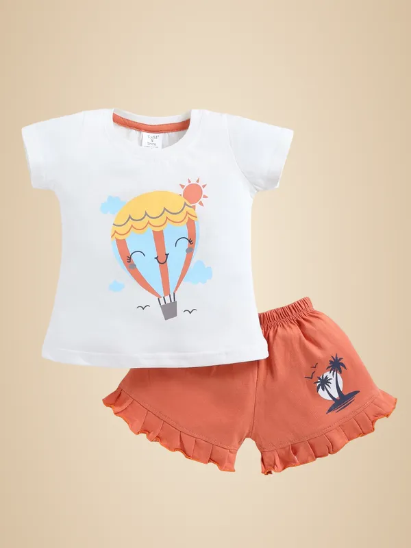 White_And_Orange_Cotton_T-Shirt_Shorts_Set_For_Girls
