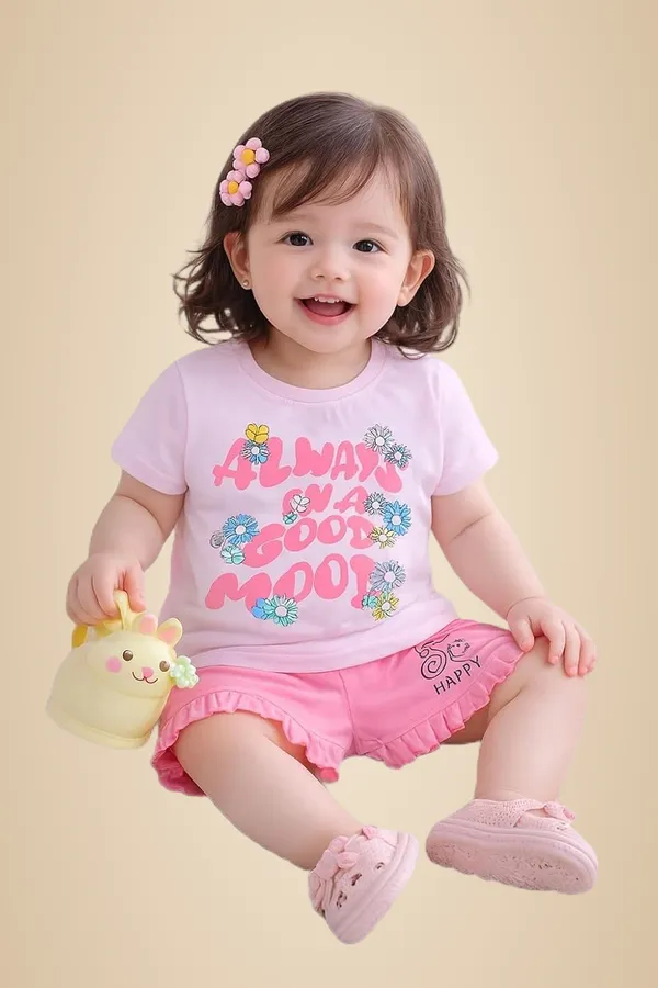 Pink_Cotton_T-Shirt_Shorts_Set_For_Girls