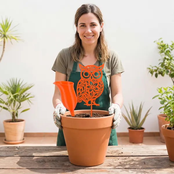 Decorative_Metal_Owl_Garden_Stake_With_Floral_Owl-_Orange_And_Self_Watering_Pitcher