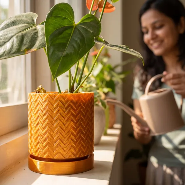 Golden_Chevron_Pattern_Planter_With_Drainage_Tray