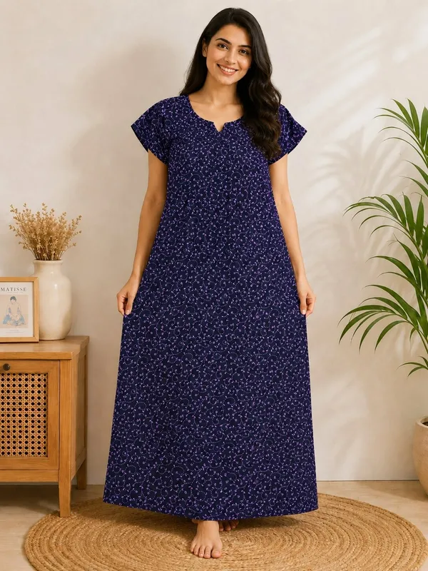 Women's_Blue_Premium_Cotton_Floral_Printed_Nighty_-Relaxed_Fit_Maxi_Dress