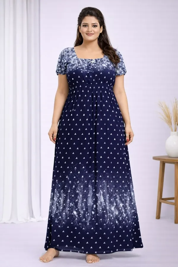 Women's_Navy_Blue_Printed_Cotton_Blend_Short_Sleeve_Maxi_Nighty_|_Soft_&_Comfortable_Full_Length_Night_Gown
