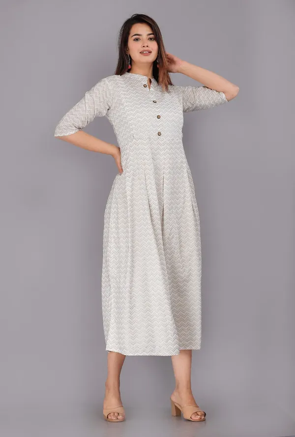 Women's_Off-White_&_Gold_Chevron_Print_Flared_A-Line_Kurta_Dress