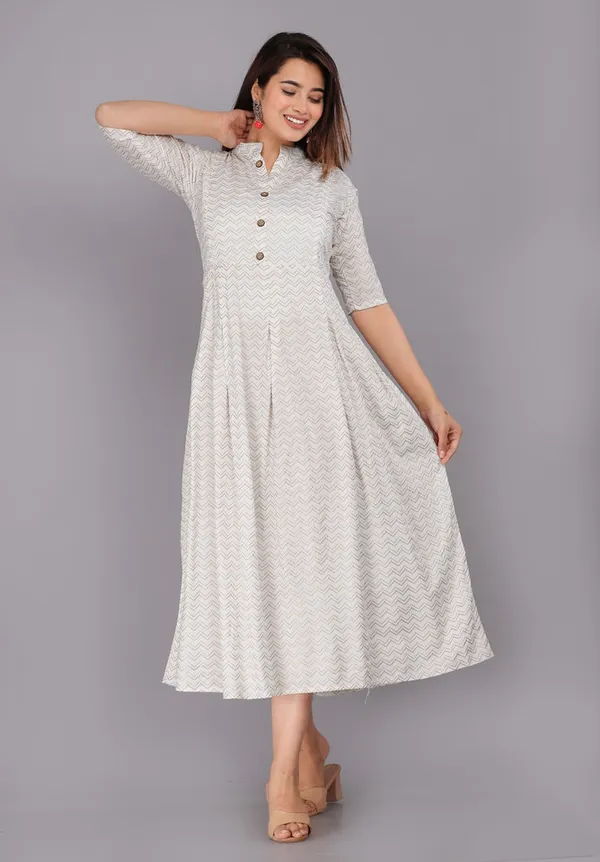 Women's_Off-White_&_Gold_Chevron_Print_Flared_A-Line_Kurta_Dress