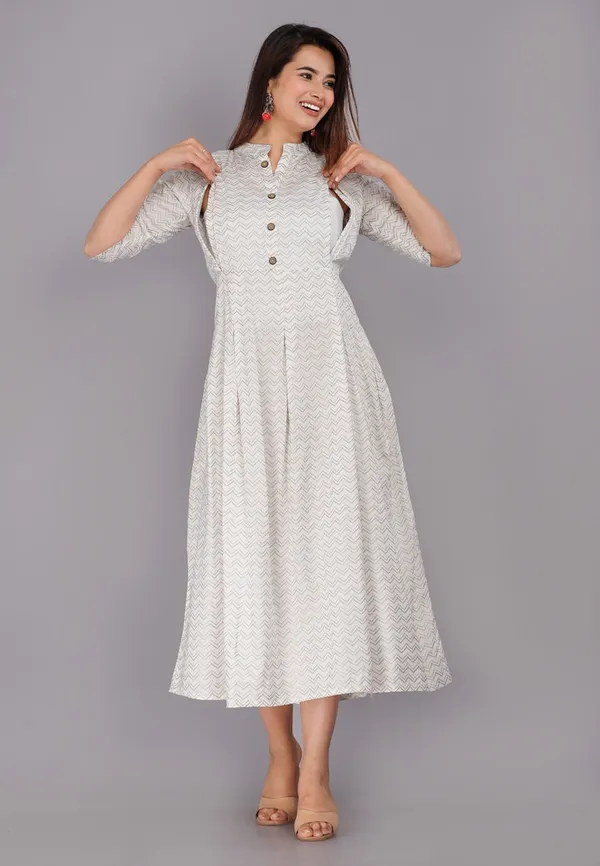 Women's_Off-White_&_Gold_Chevron_Print_Flared_A-Line_Kurta_Dress