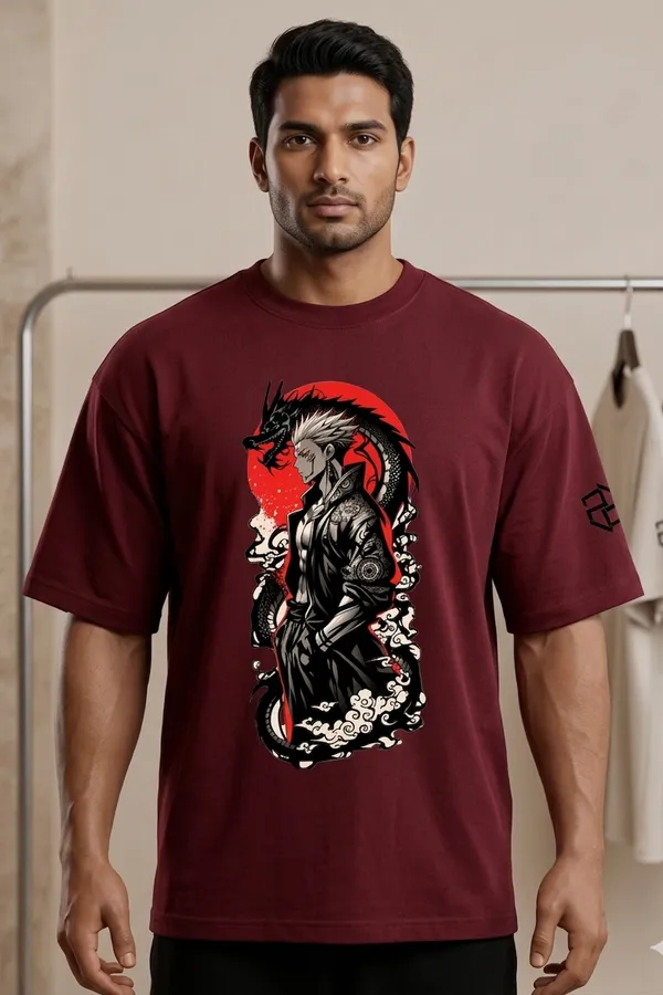 Maroon_Dragon_Samurai_Graphic_Print_Oversized_T-Shirt