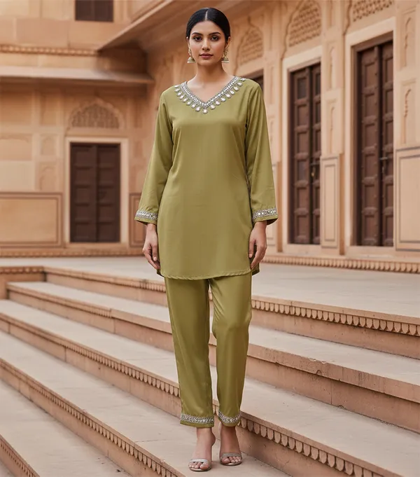 Olive_Green_Cotton_Blend_Kurti_Pant_Set_For_Women
