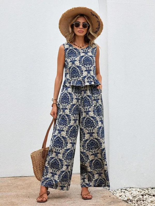 Blue_Floral_Cotton_Blend_Sleeveless_Coord_Set_For_Women