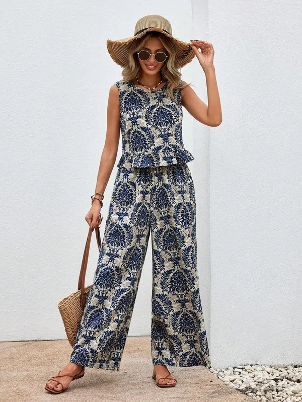 Blue_Floral_Cotton_Blend_Sleeveless_Coord_Set_For_Women