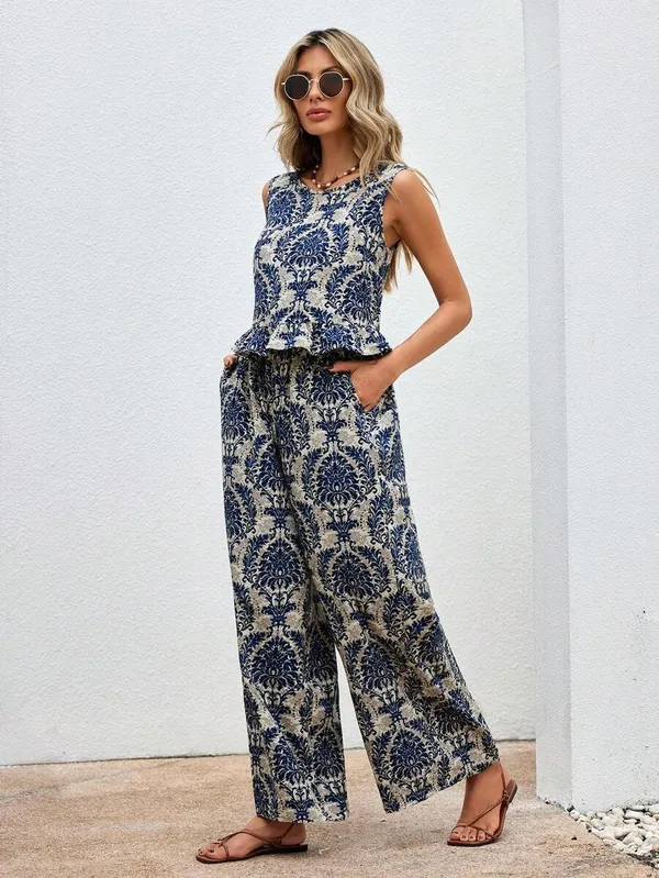 Blue_Floral_Cotton_Blend_Sleeveless_Coord_Set_For_Women