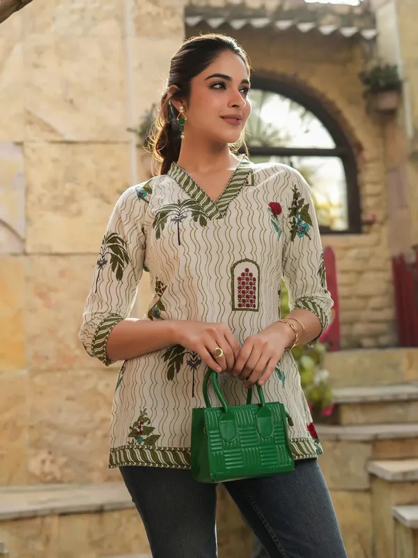 Cream_Base_With_Red_Floral_&_Green_Top_For_Women