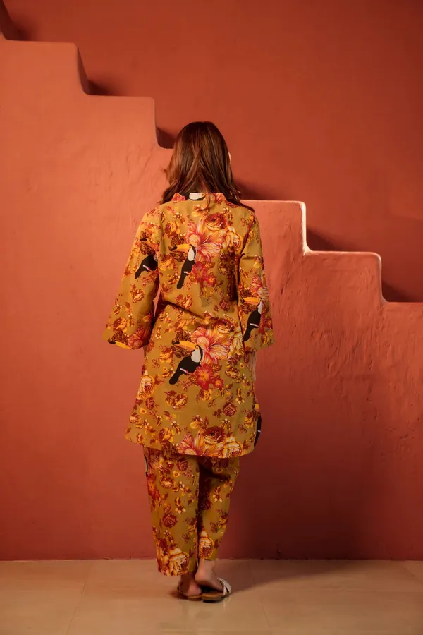 Dark_Mustard_yellow_With_Intricate_Floral_&_Fauna_Print_Cotton_Blend_Co-ord_Set_For_Women