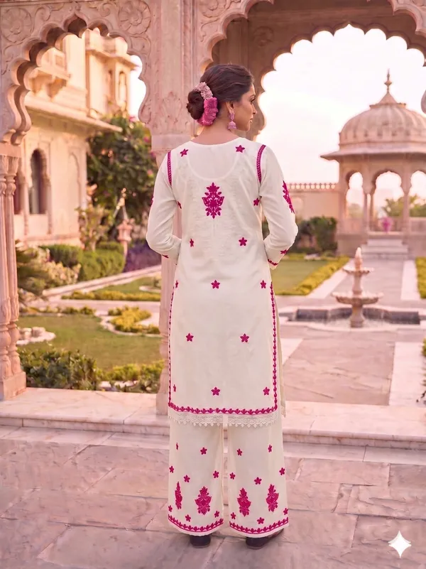 White_&_Pink_Pure_Viscose_Rayon_Kurta_Palazzo_Set_For_Women