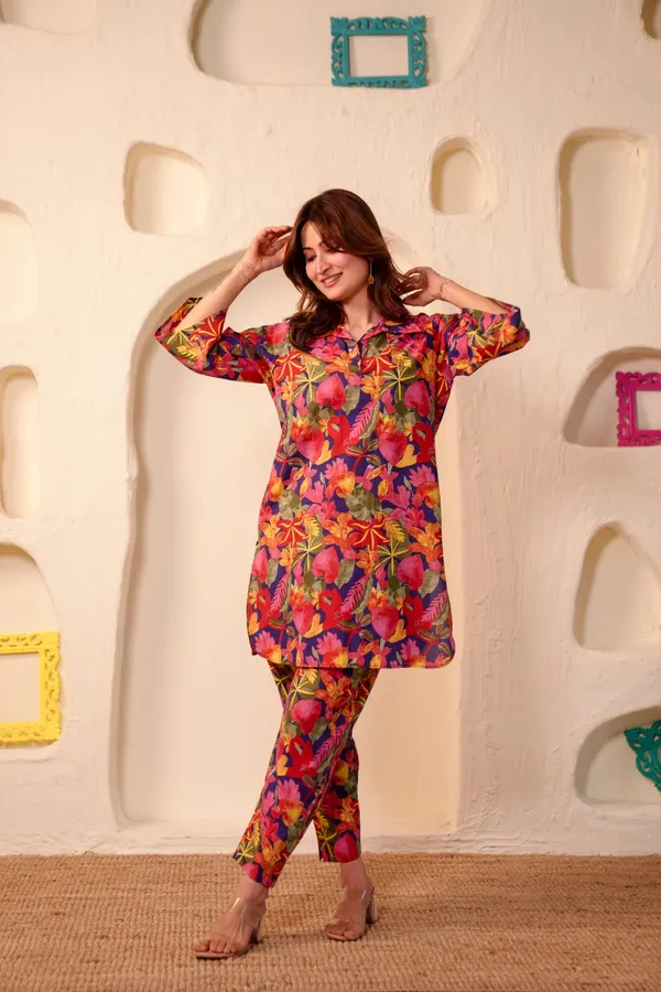 Multi_Colour_Dense_Floral_Abstract_Pattern_Cotton_Blend_Co-ord_Set_For_Women
