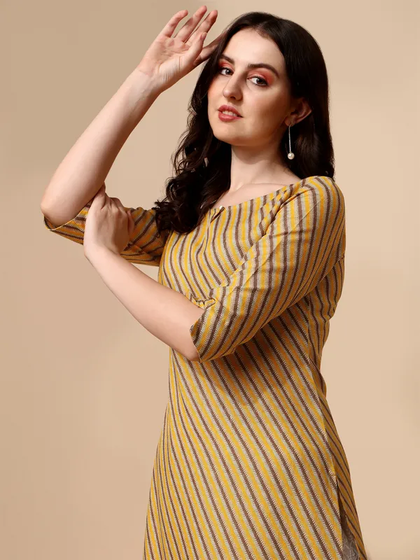 Mustard_Yellow_&_Brown_Striped_Cotton_Kurti_Top_For_Women