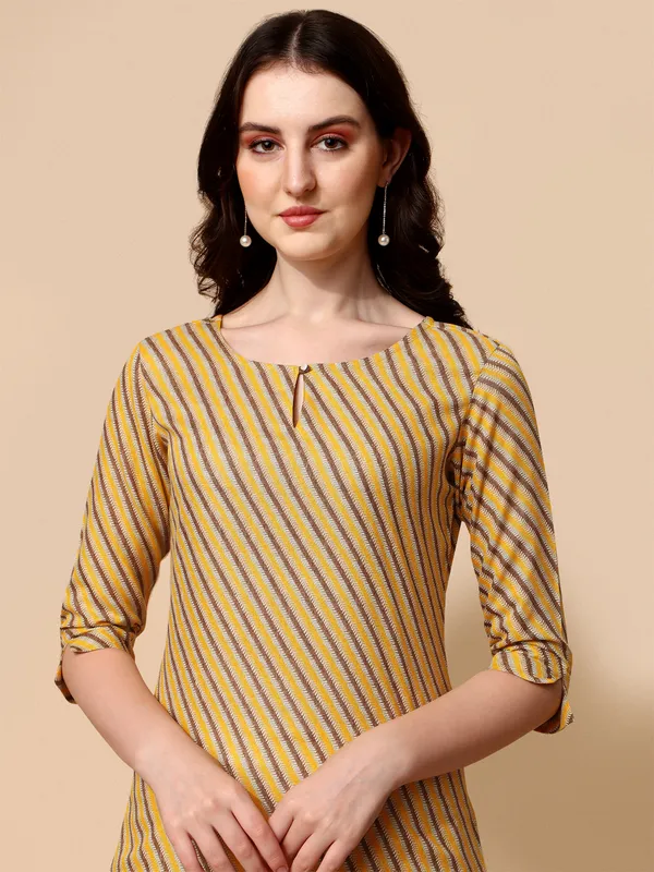 Mustard_Yellow_&_Brown_Striped_Cotton_Kurti_Top_For_Women