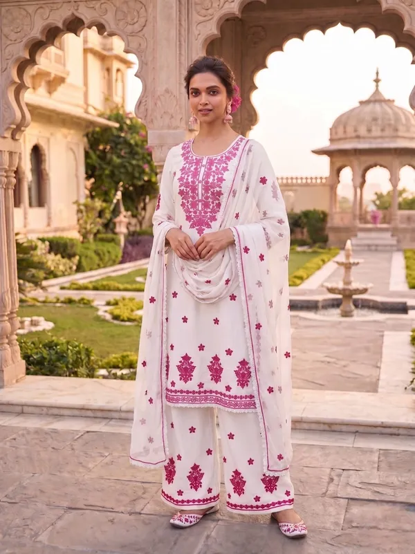 White_&_Pink_Pure_Viscose_Rayon_Kurta_Palazzo_Set_For_Women