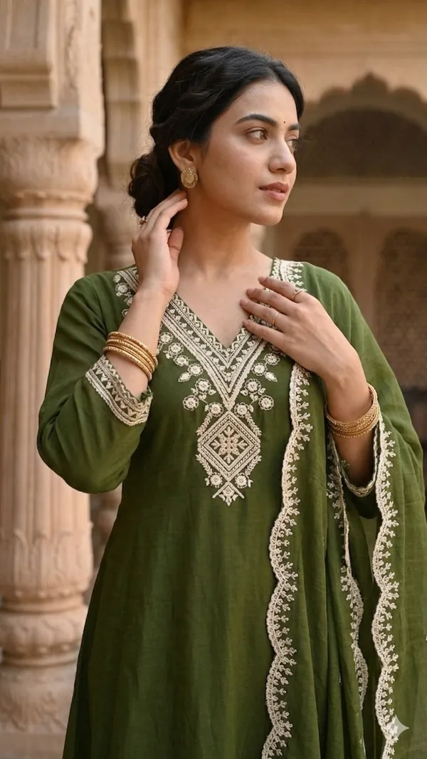Olive_Green_Cotton_Blend_3_Pcs_Kurta_Set