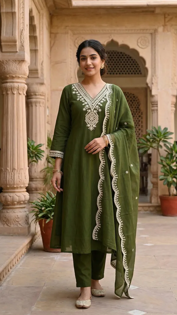 Olive_Green_Cotton_Blend_3_Pcs_Kurta_Set