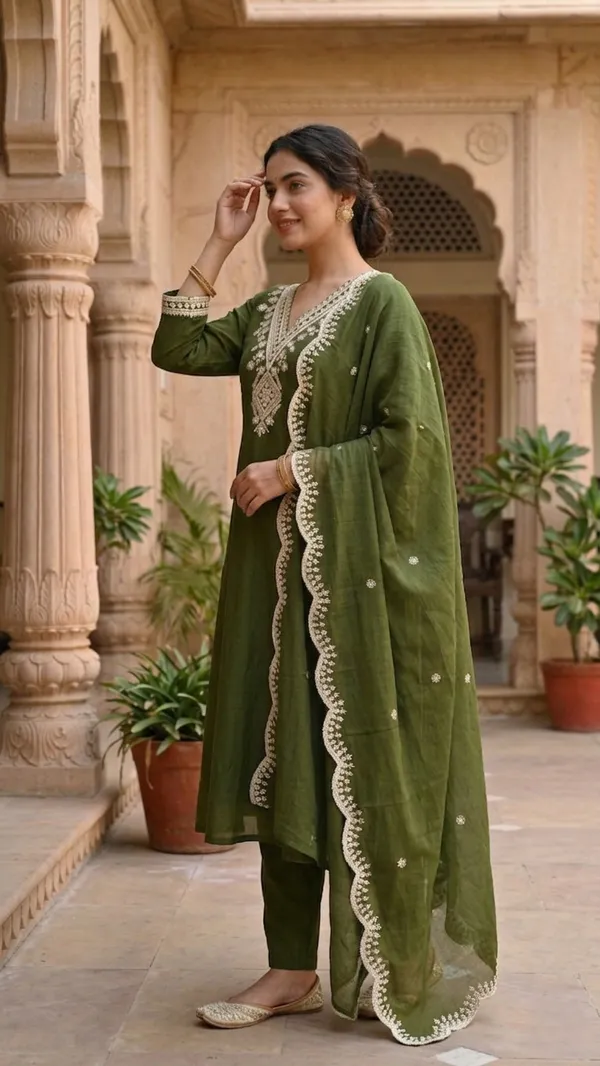 Olive_Green_Cotton_Blend_3_Pcs_Kurta_Set