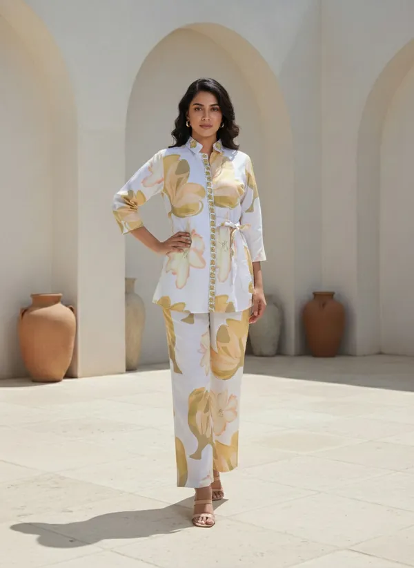 Pastel_Yellow_And_White_Rayon_Cotton_Blend_Coord_Set_For_Women