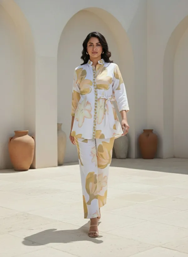 Pastel_Yellow_And_White_Rayon_Cotton_Blend_Coord_Set_For_Women