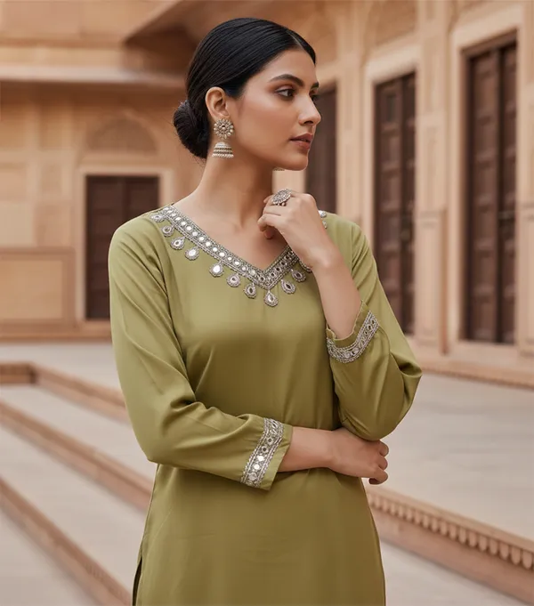 Olive_Green_Cotton_Blend_Kurti_Pant_Set_For_Women