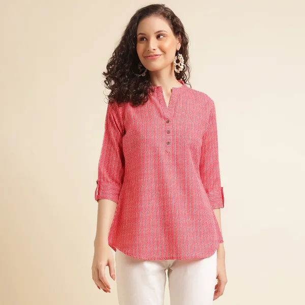 Red_Printed_Cotton_Casual_Top_For_Women