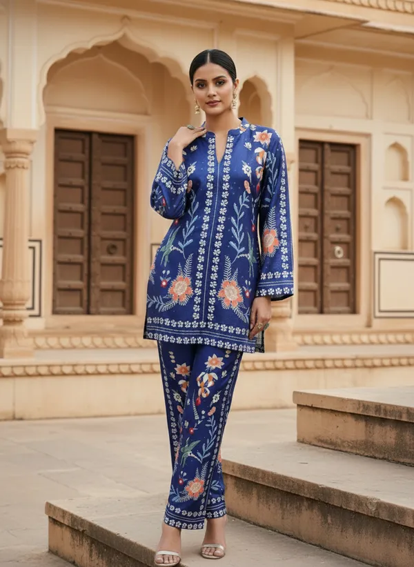 Royal_Blue_Floral_Rayon_Cotton_Blend_Coord_Set_For_Woman