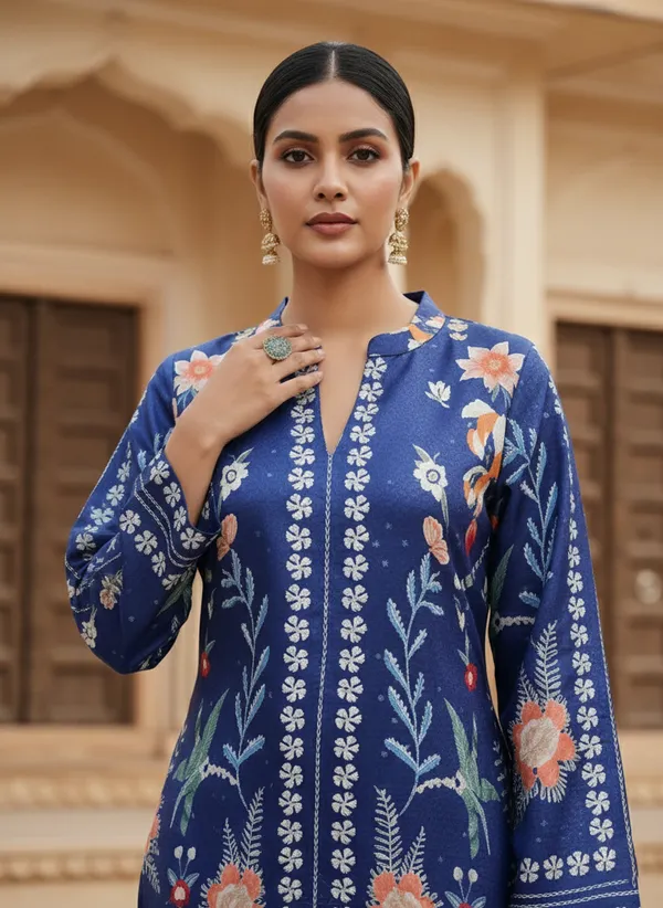 Royal_Blue_Floral_Rayon_Cotton_Blend_Coord_Set_For_Woman