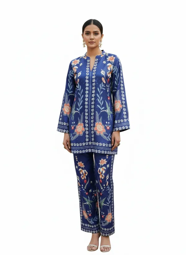 Royal_Blue_Floral_Rayon_Cotton_Blend_Coord_Set_For_Woman