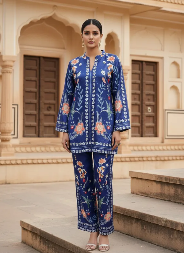 Royal_Blue_Floral_Rayon_Cotton_Blend_Coord_Set_For_Woman