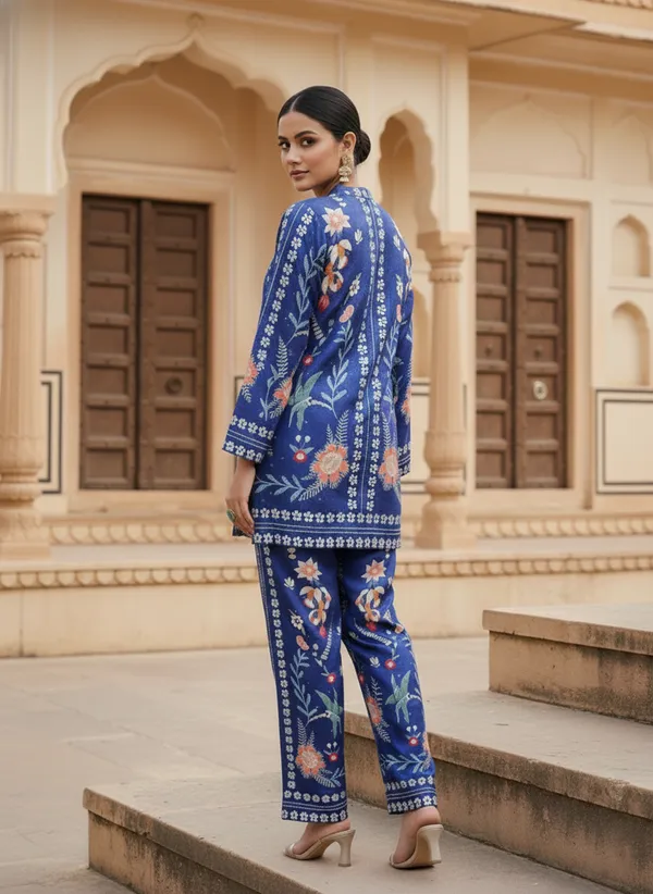 Royal_Blue_Floral_Rayon_Cotton_Blend_Coord_Set_For_Woman