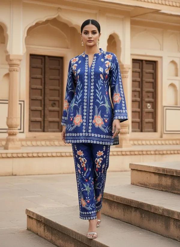 Royal_Blue_Floral_Rayon_Cotton_Blend_Coord_Set_For_Woman